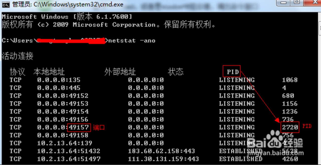 查看被占用端口对应的PID